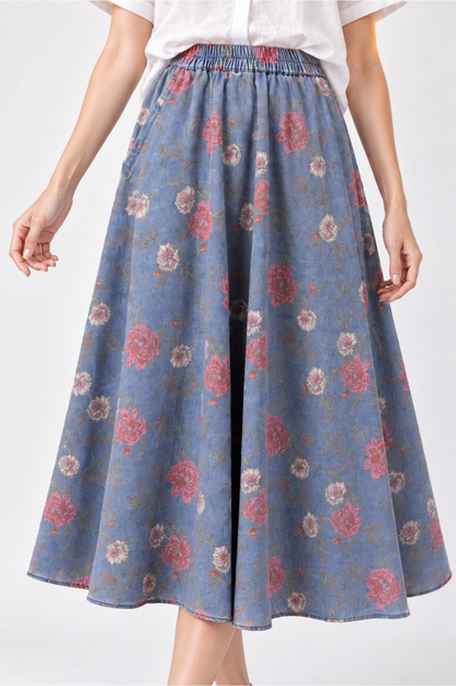 SOMERSET BAY - Denim Blue Floral Midi Skirt