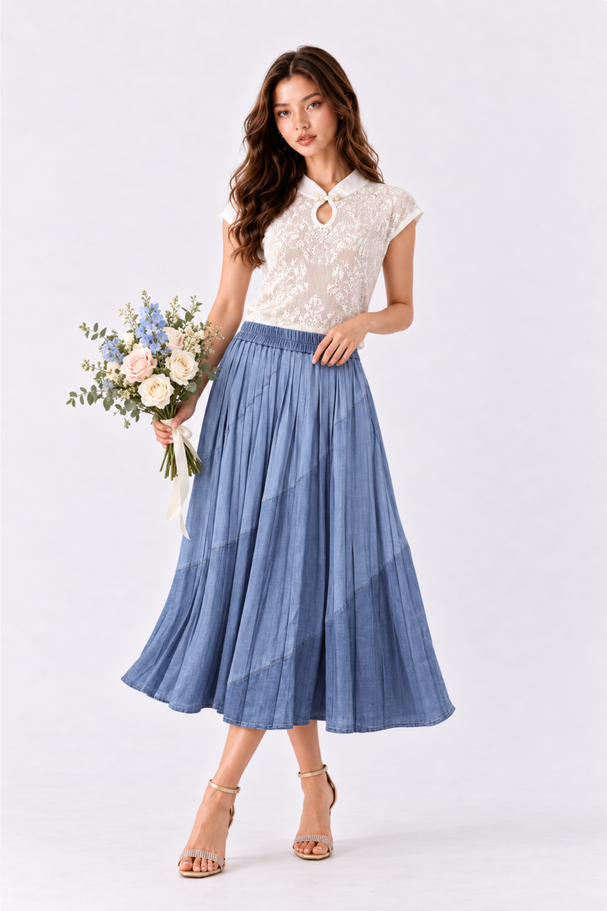 SOMERSET BAY - Cornflower Blue Pleated Denim Midi Skirt