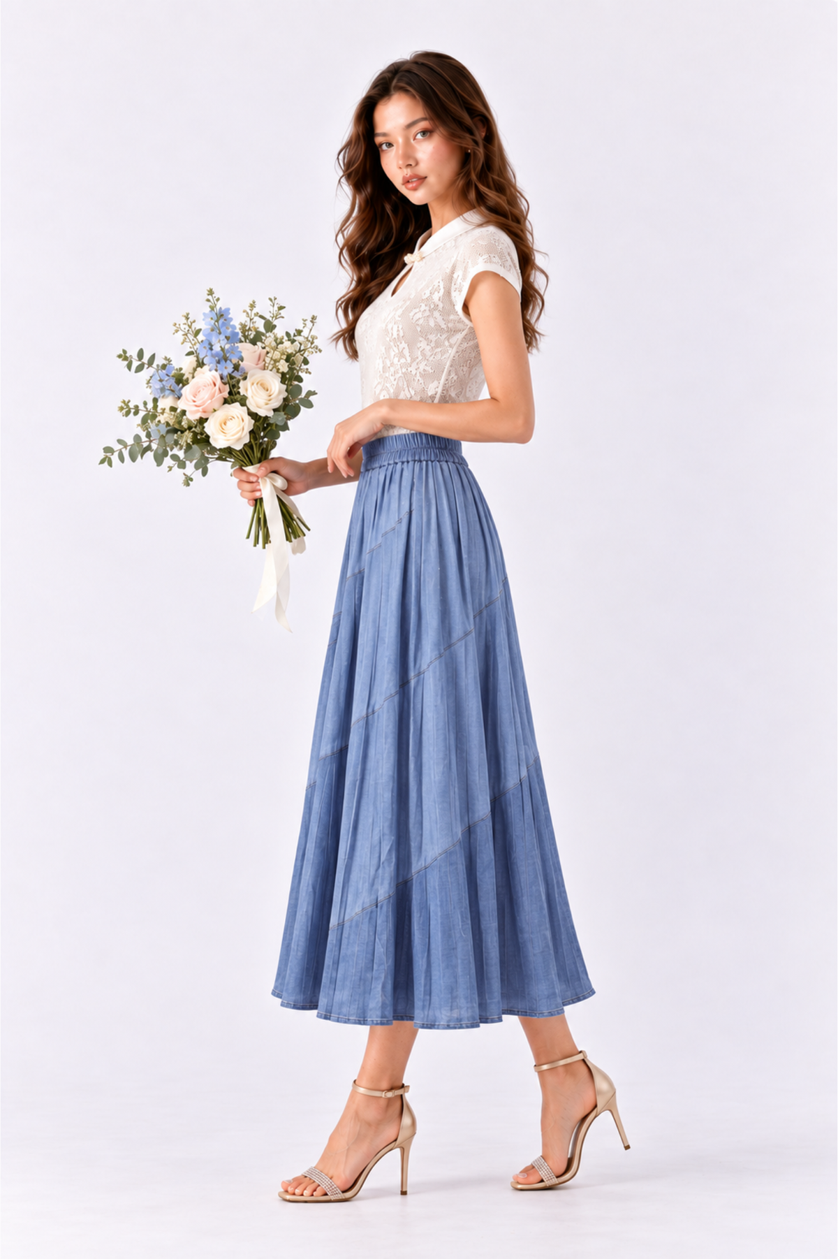 SOMERSET BAY - Cornflower Blue Pleated Denim Midi Skirt