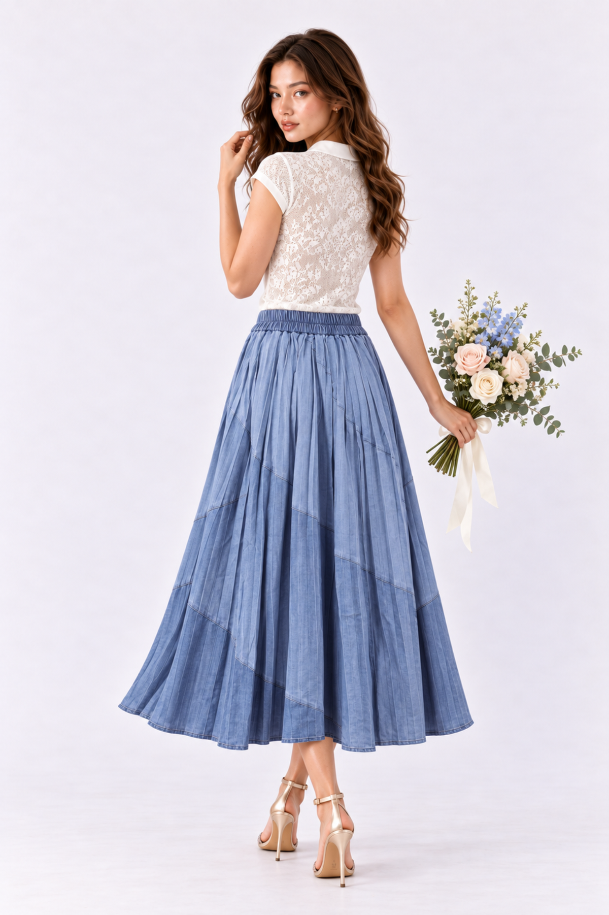 SOMERSET BAY - Cornflower Blue Pleated Denim Midi Skirt