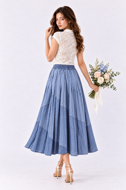 SOMERSET BAY - Cornflower Blue Pleated Denim Midi Skirt