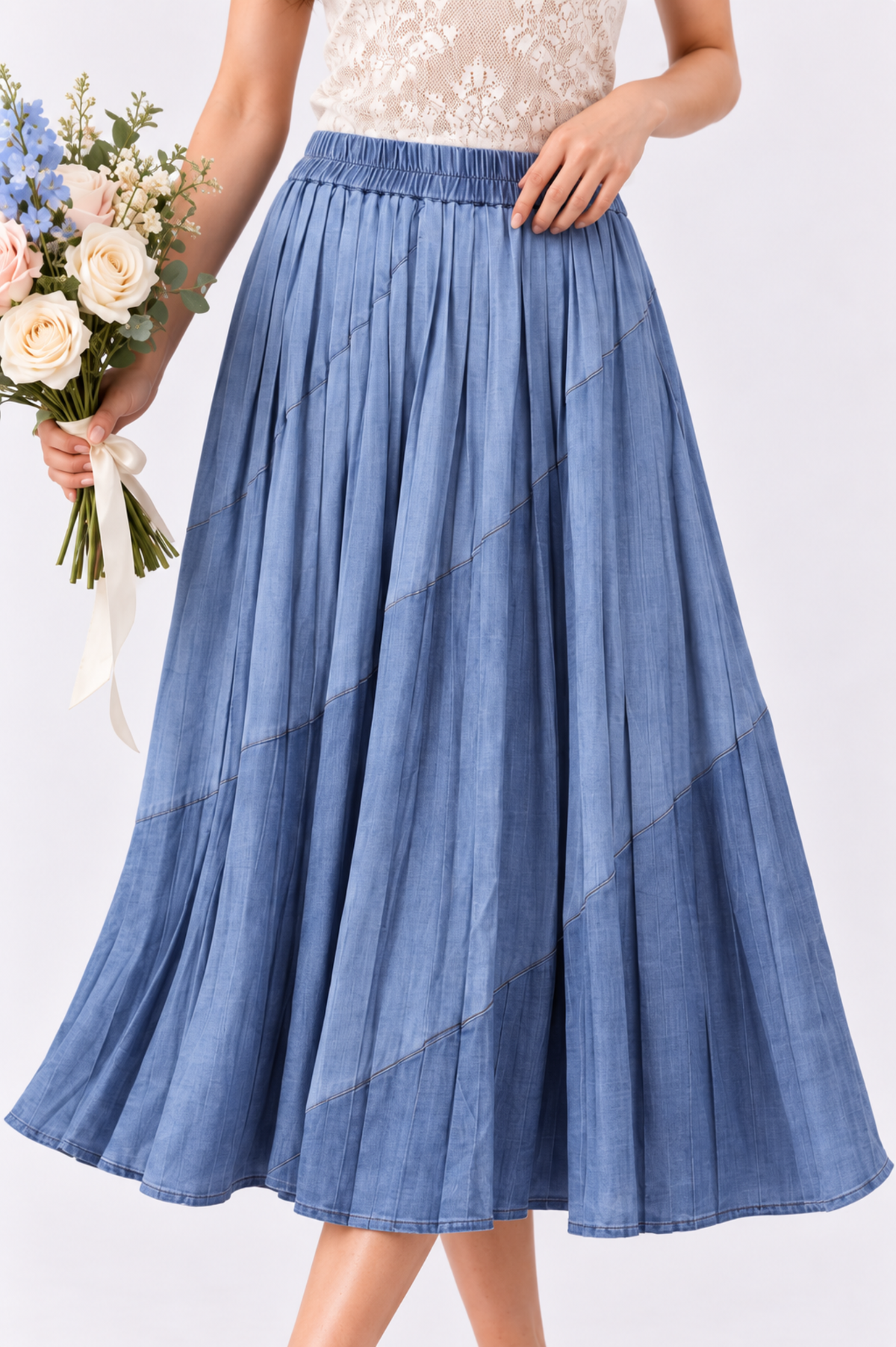 SOMERSET BAY - Cornflower Blue Pleated Denim Midi Skirt