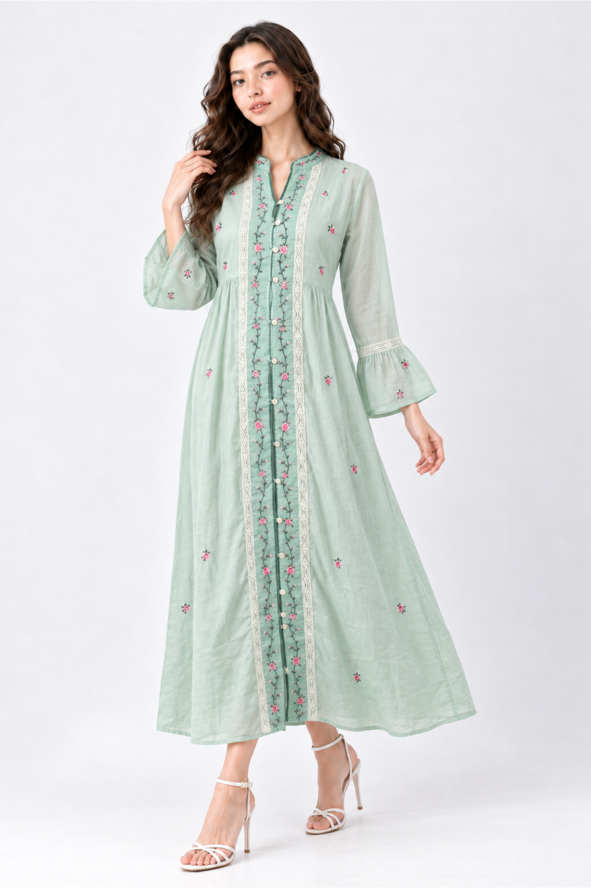 SOMERSET BAY - Lace-Trim Floral Bell-Sleeve Linen Dress