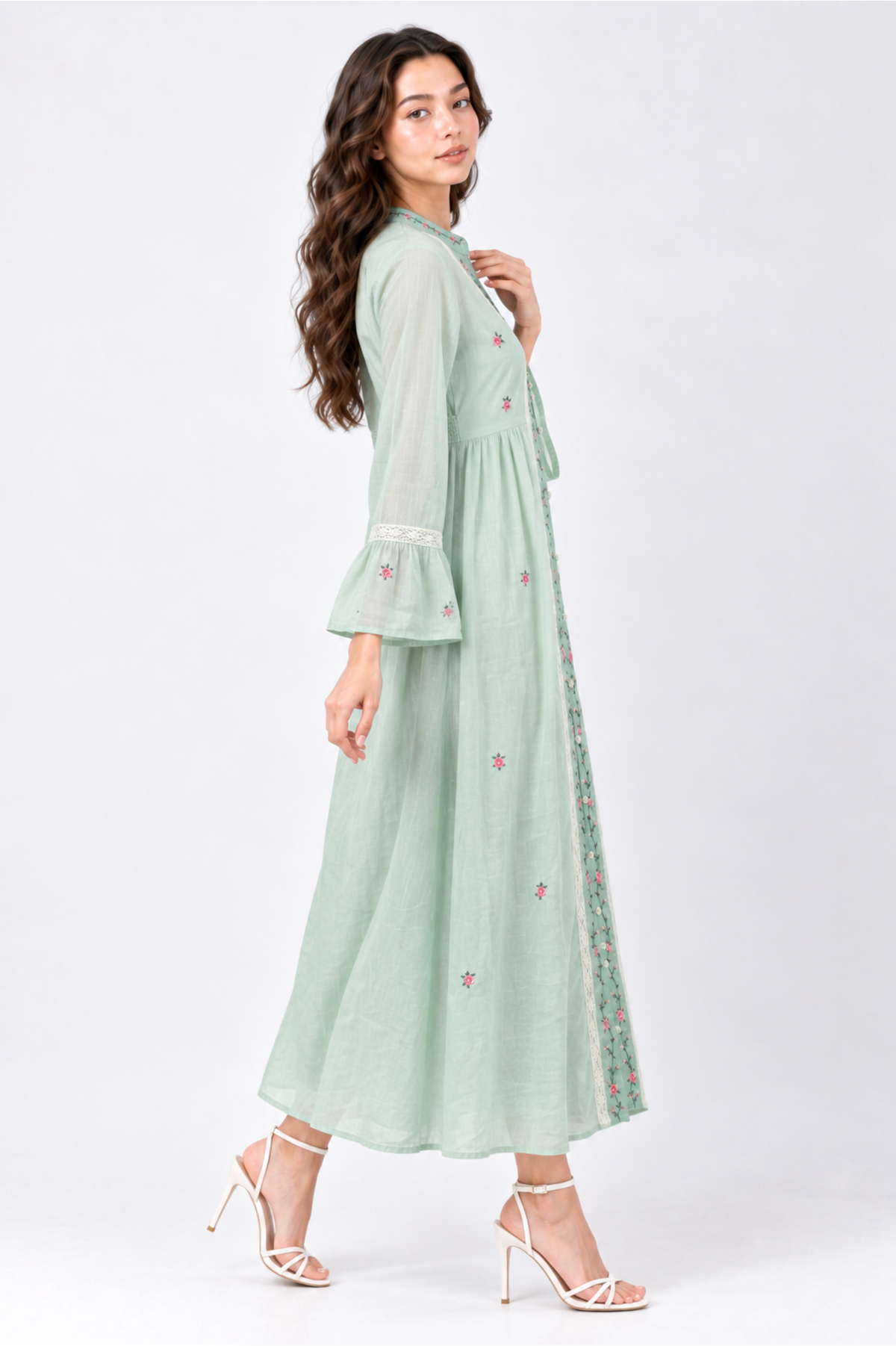 SOMERSET BAY - Lace-Trim Floral Bell-Sleeve Linen Dress