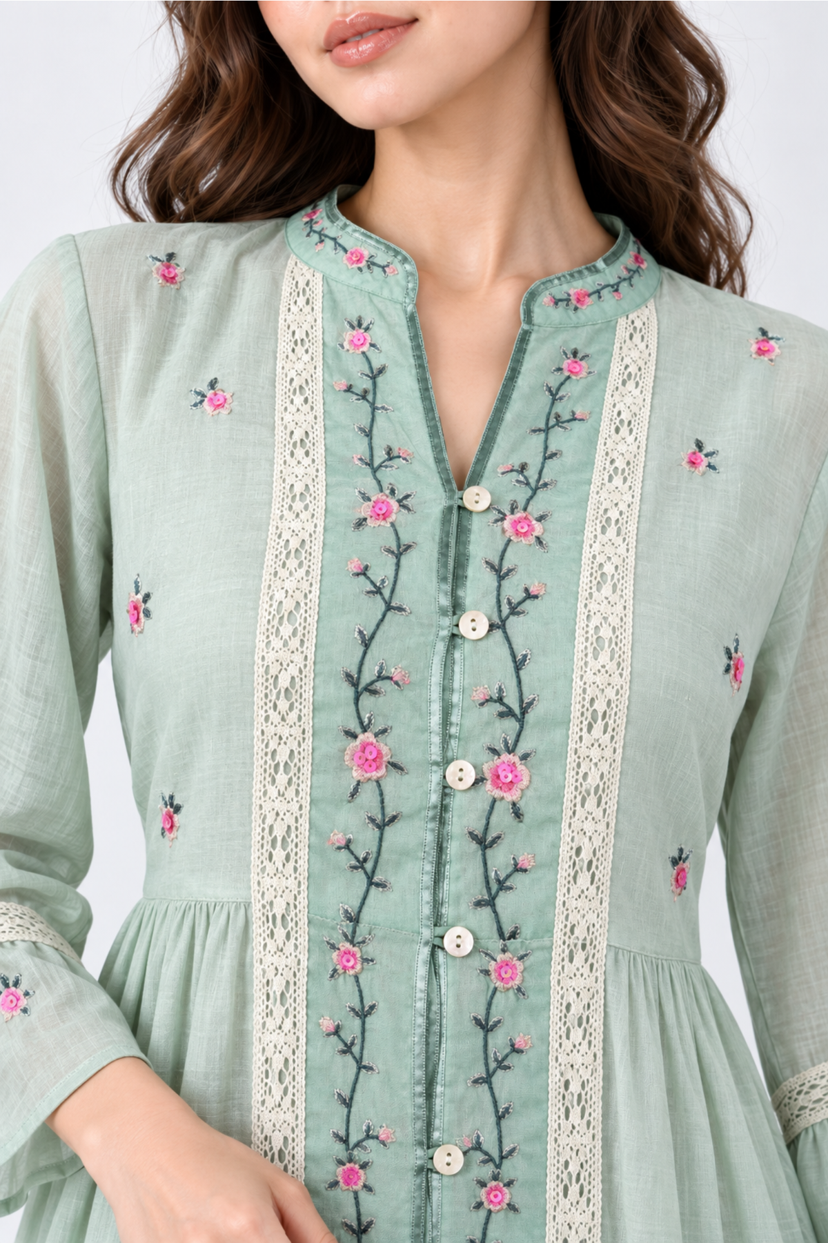 SOMERSET BAY - Lace-Trim Floral Bell-Sleeve Linen Dress