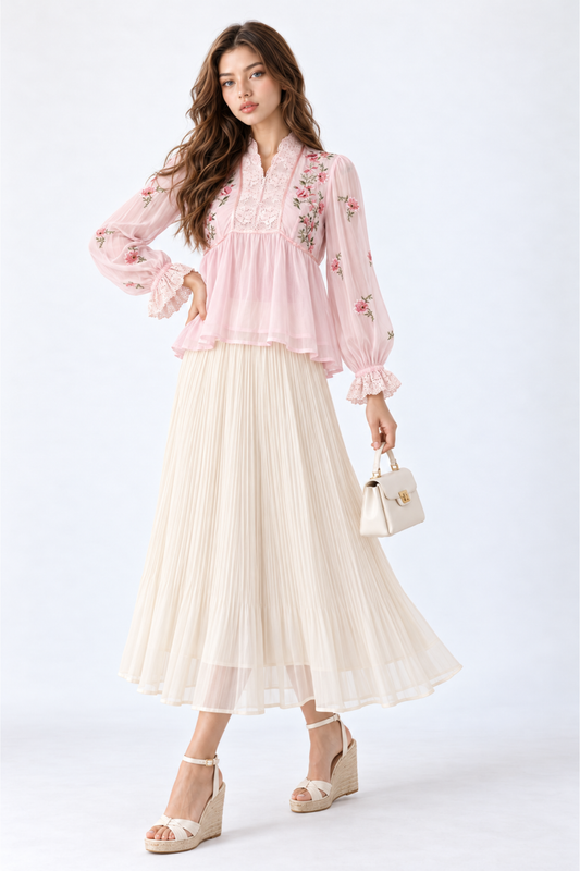 SOMERSET BAY - Lace-Yoke Peplum Embroidered Blouse