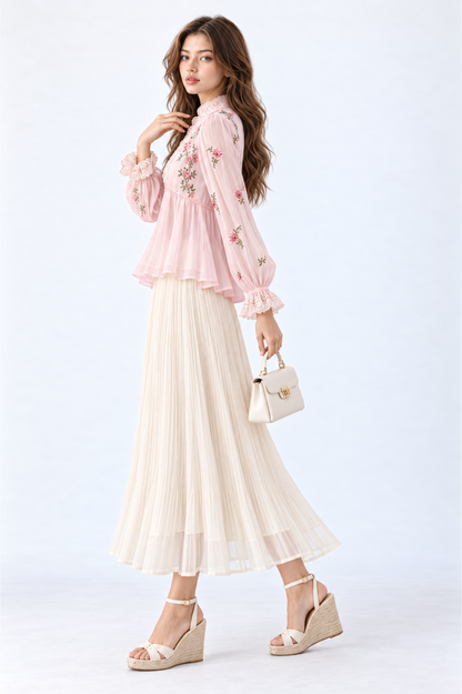 SOMERSET BAY - Lace-Yoke Peplum Embroidered Blouse