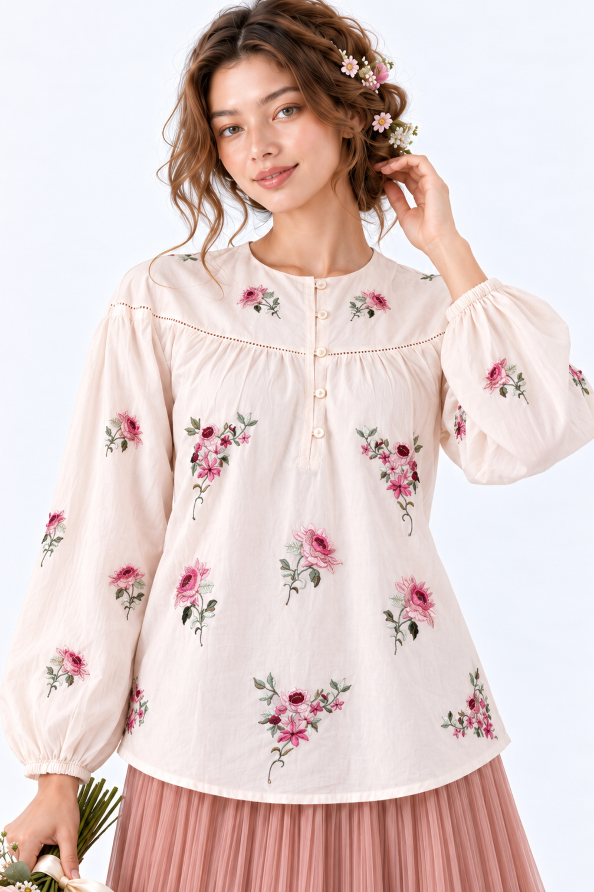 SOMERSET BAY - Rose Embroidered Peasant Blouse
