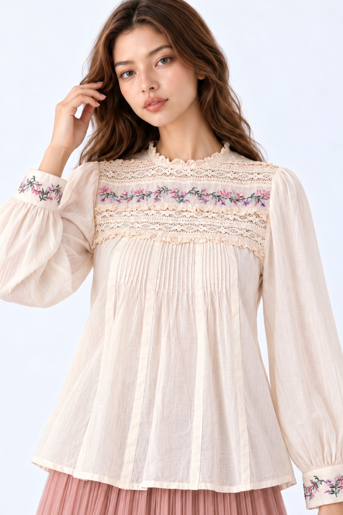 SOMERSET BAY - Embroidered Lace-Yoke Blouse