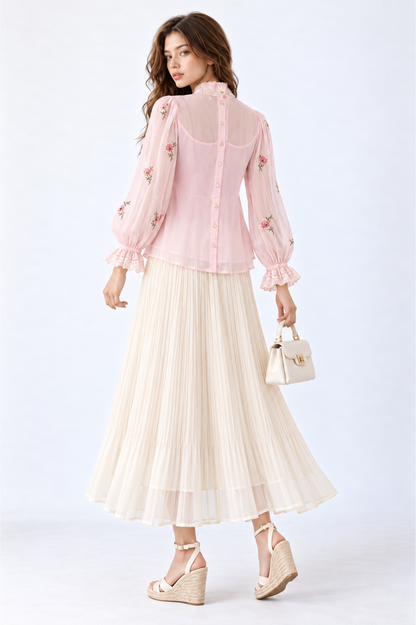 SOMERSET BAY - Lace-Yoke Peplum Embroidered Blouse
