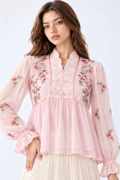 SOMERSET BAY - Lace-Yoke Peplum Embroidered Blouse