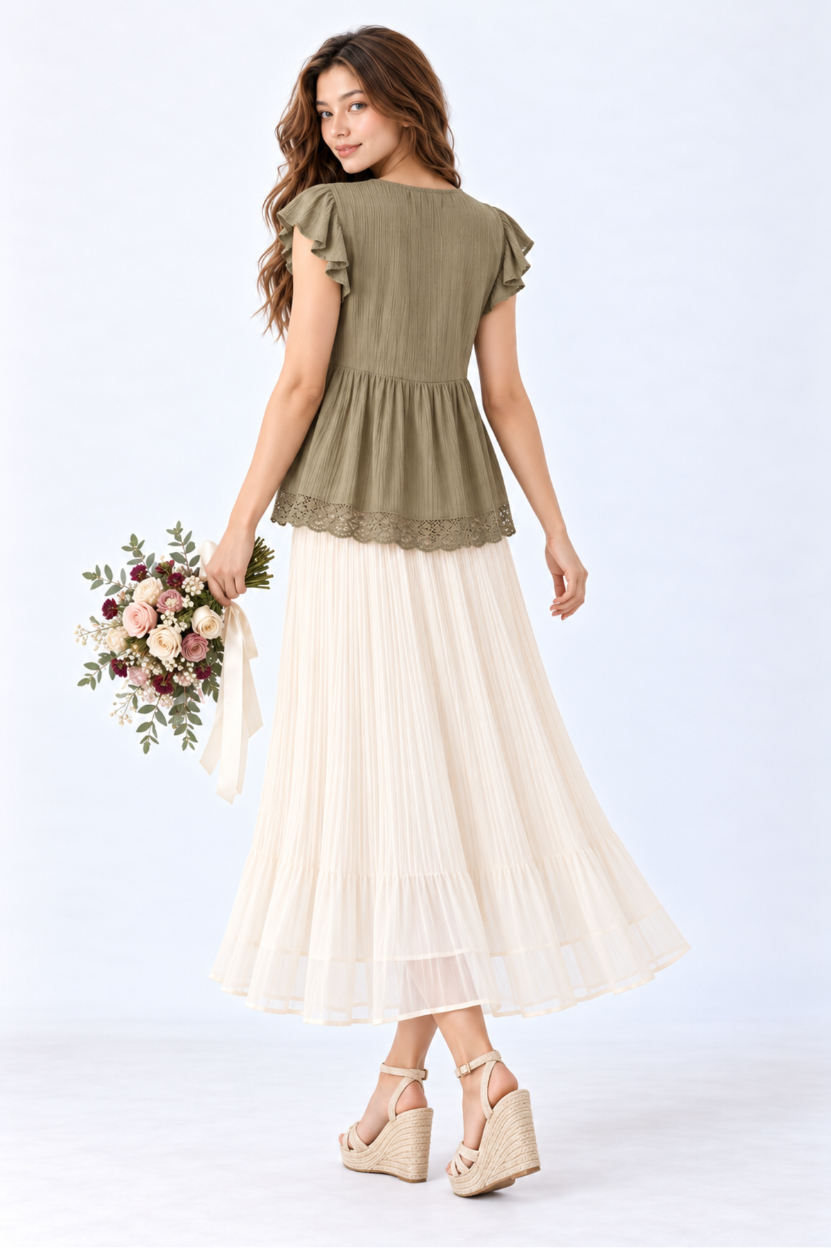 Model wearing an olive green floral embroidered peplum blouse with flutter sleeves and round neckline, styled with a cream pleated maxi skirt and wedge sandals.