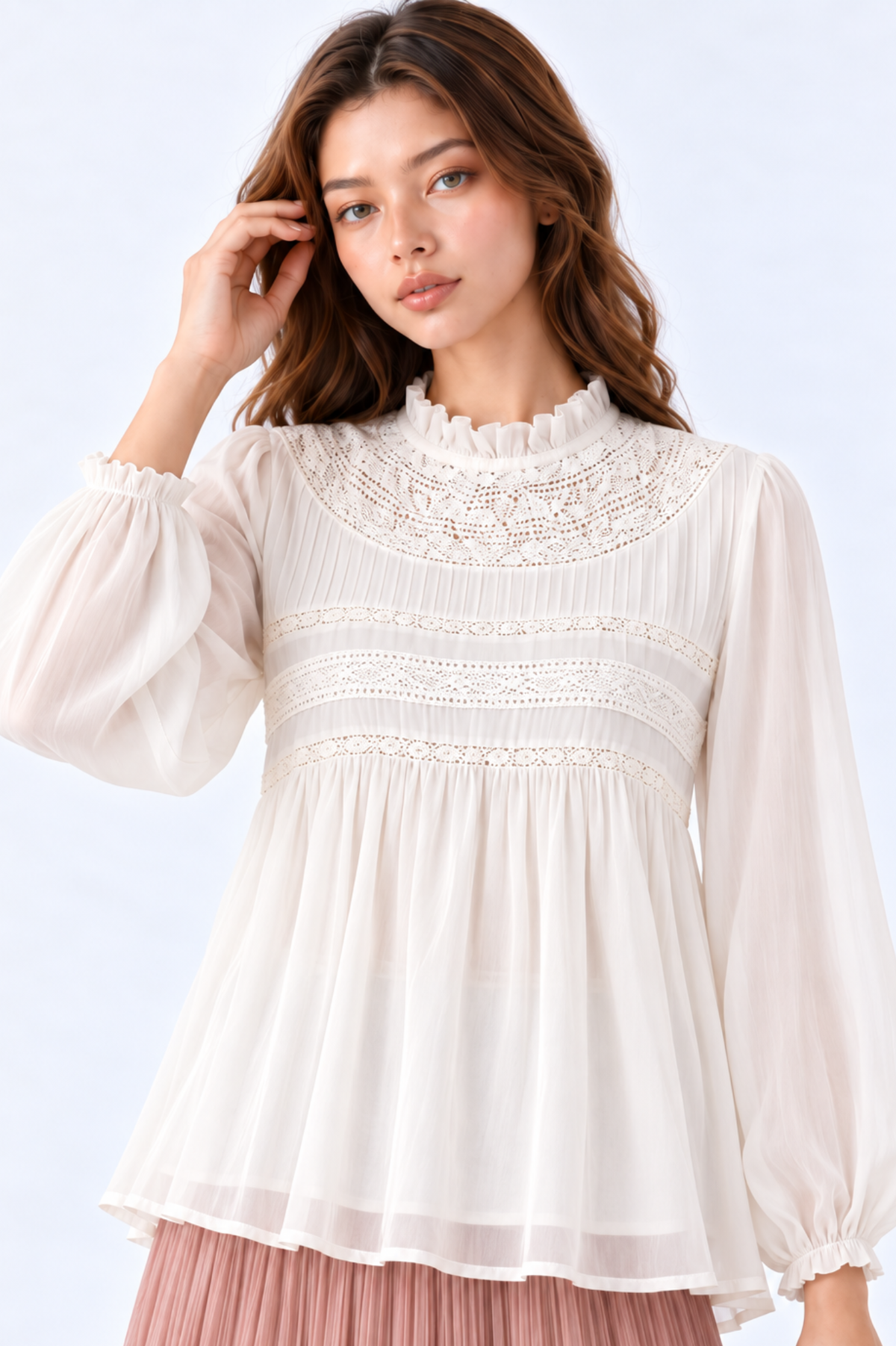 SOMERSET BAY - Ruffle-Neck Babydoll Embroidered Blouse