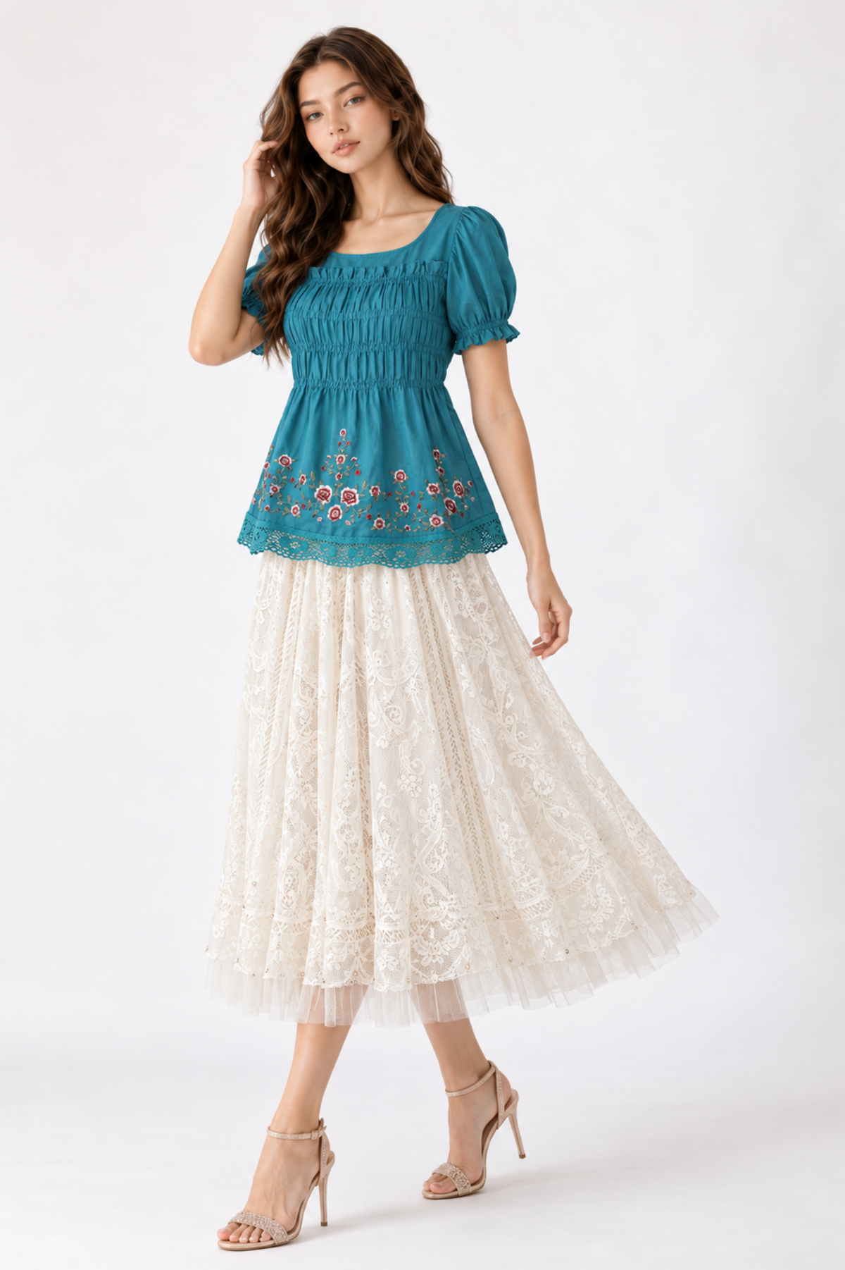 SOMERSET BAY - Teal Smocked Floral Babydoll Top