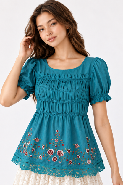 SOMERSET BAY - Teal Smocked Floral Babydoll Top