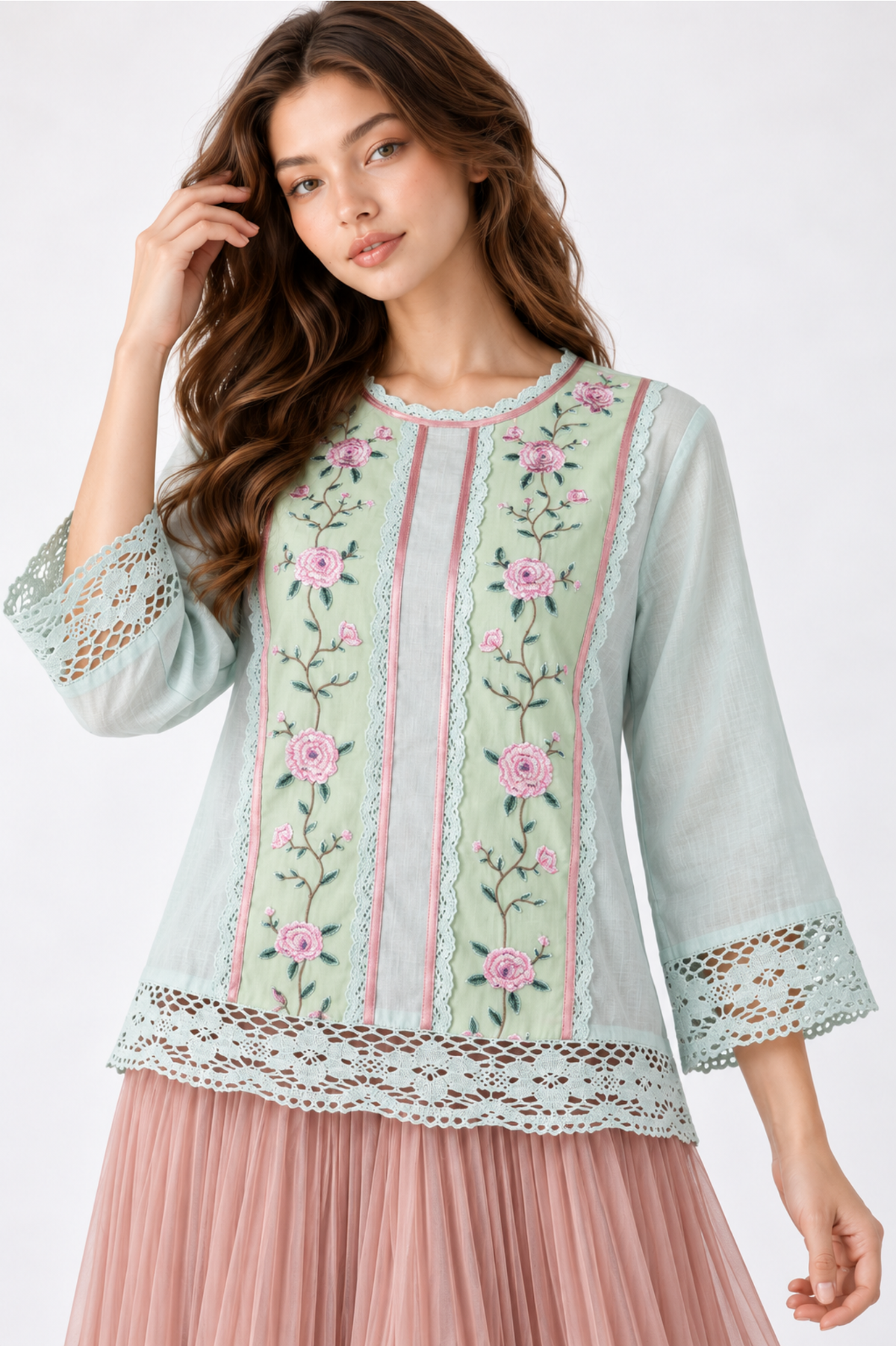 SOMERSET BAY - Crochet-Trim Panelled Lace Blouse
