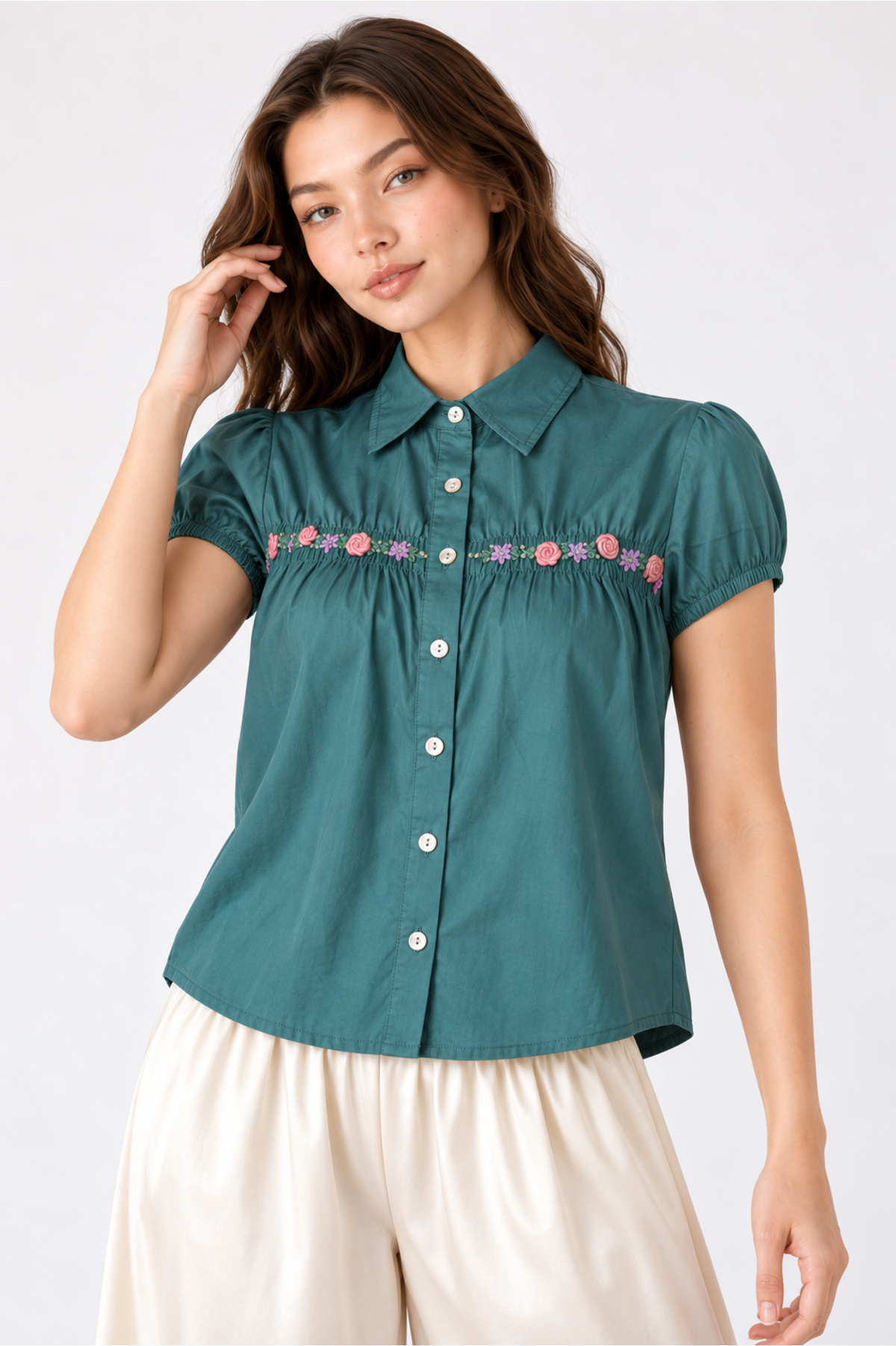SOMERSET BAY - Teal Floral Embroidered Blouse