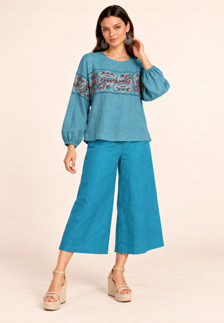 East India Company - Floral Embroidered Balloon-Sleeve Blouse