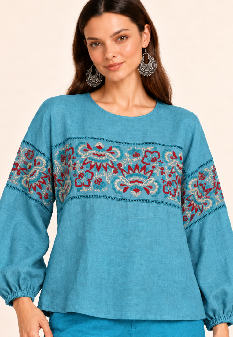 East India Company - Floral Embroidered Balloon-Sleeve Blouse