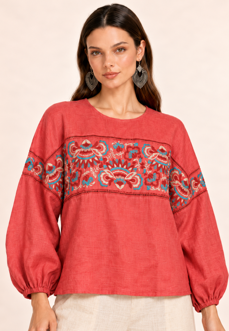 East India Company - Floral Embroidered Balloon-Sleeve Blouse