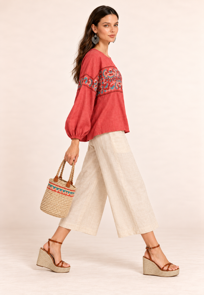East India Company - Floral Embroidered Balloon-Sleeve Blouse