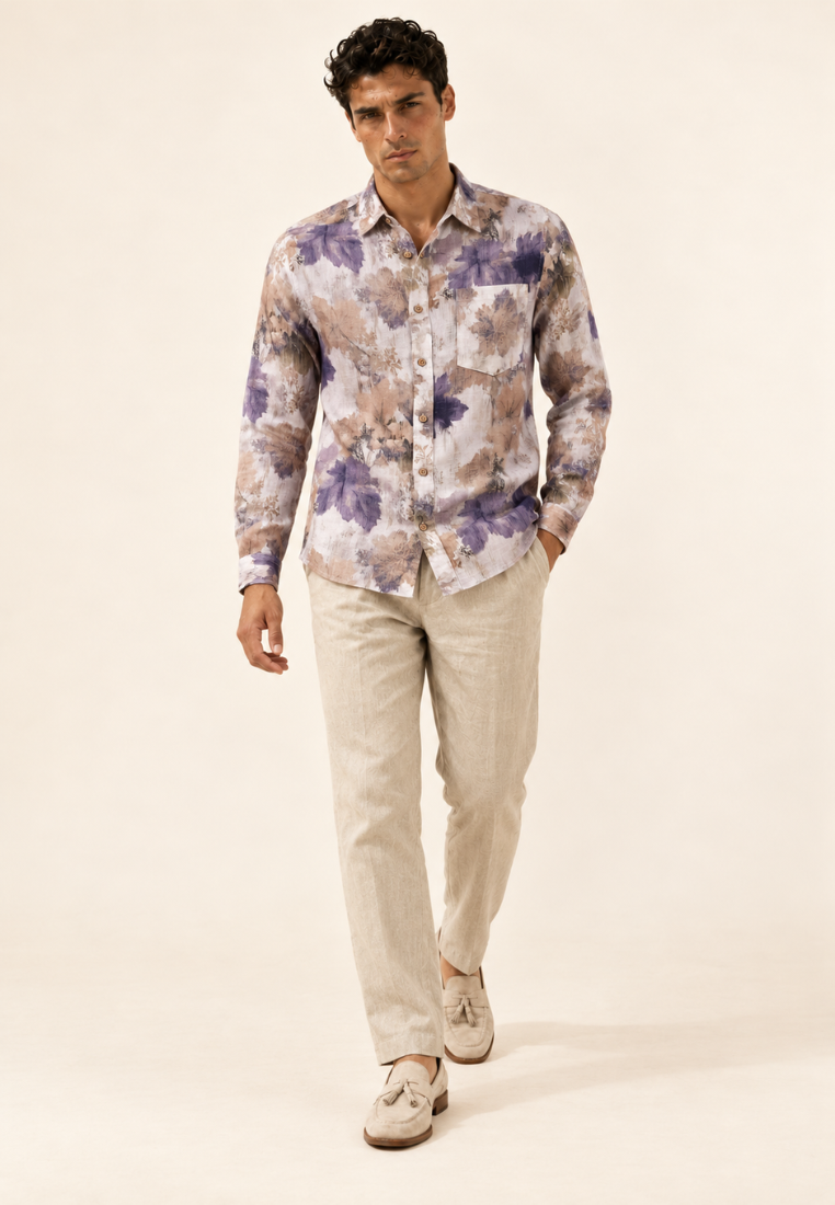 East India Company - Violet Leaf Print Linen Shirt