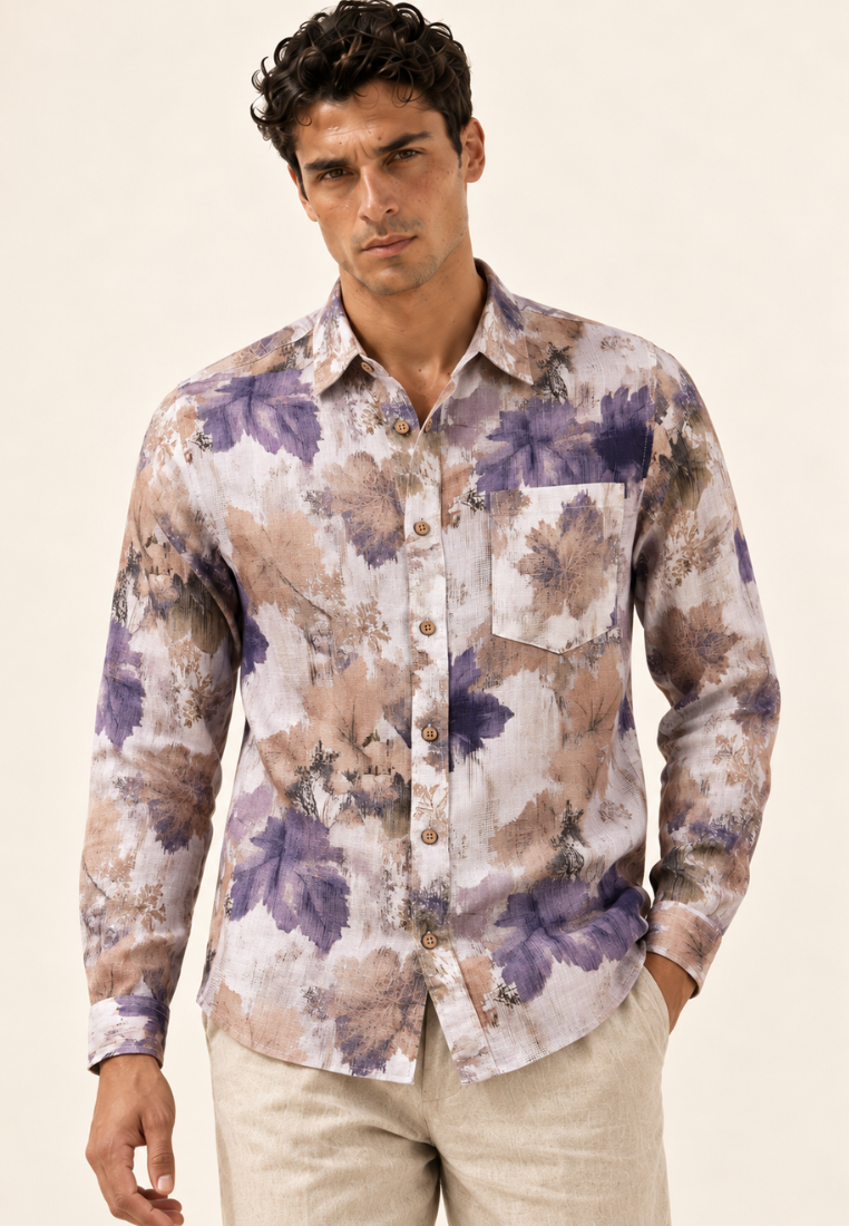 East India Company - Violet Leaf Print Linen Shirt
