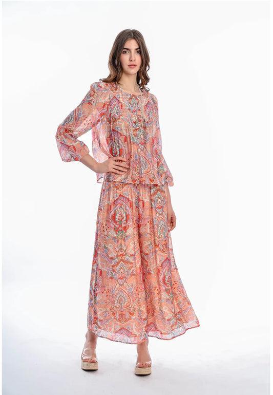 East India Company Aditi Women's Printed Long Sleeve Blouse - Cotton Viscose, Peach/Orange