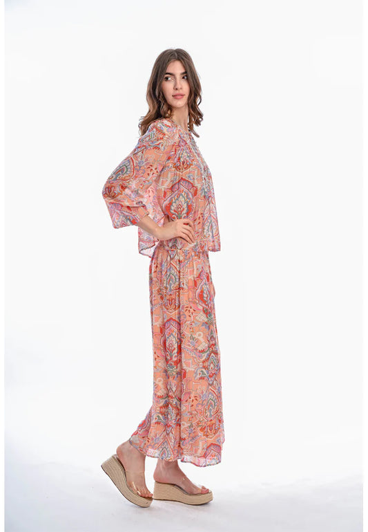 East India Company Aditi Women's Printed Long Sleeve Blouse - Cotton Viscose, Peach/Orange