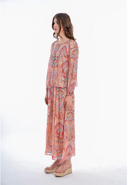 East India Company Aditi Women's Printed Long Sleeve Blouse - Cotton Viscose, Peach/Orange