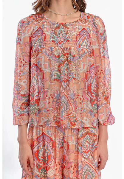 East India Company Aditi Women's Printed Long Sleeve Blouse - Cotton Viscose, Peach/Orange
