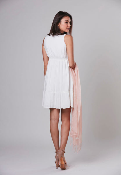 MARY - Short Rayon Dress V Neck with Embroidery