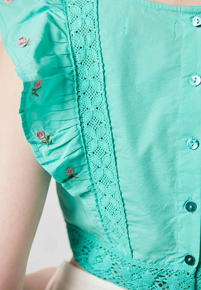 KALI - Crop  Embroided Ruffle Blouse with Lace Trimming