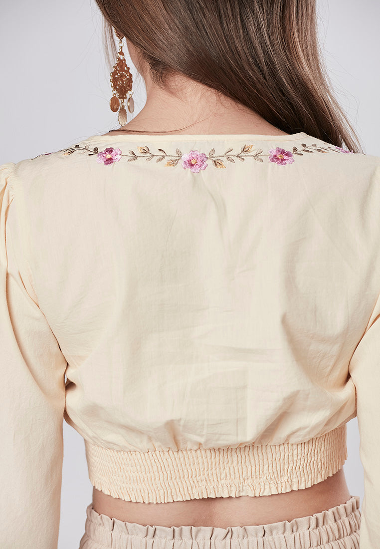 TATUM - Embroidered Crop Top Long Puff Sleeve