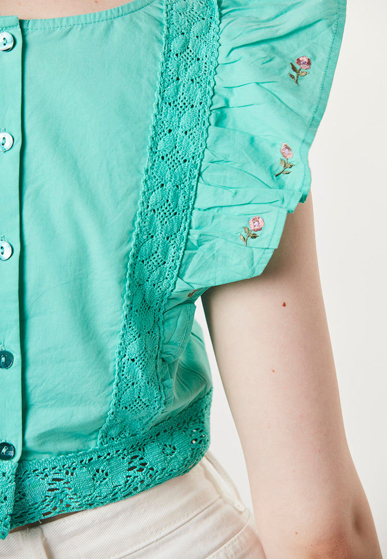 KALI - Crop  Embroided Ruffle Blouse with Lace Trimming