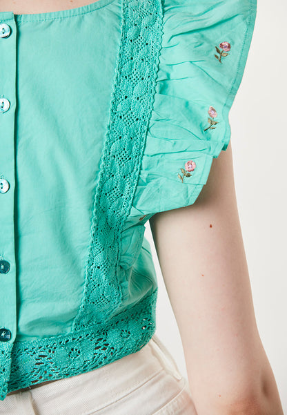 KALI - Crop  Embroided Ruffle Blouse with Lace Trimming