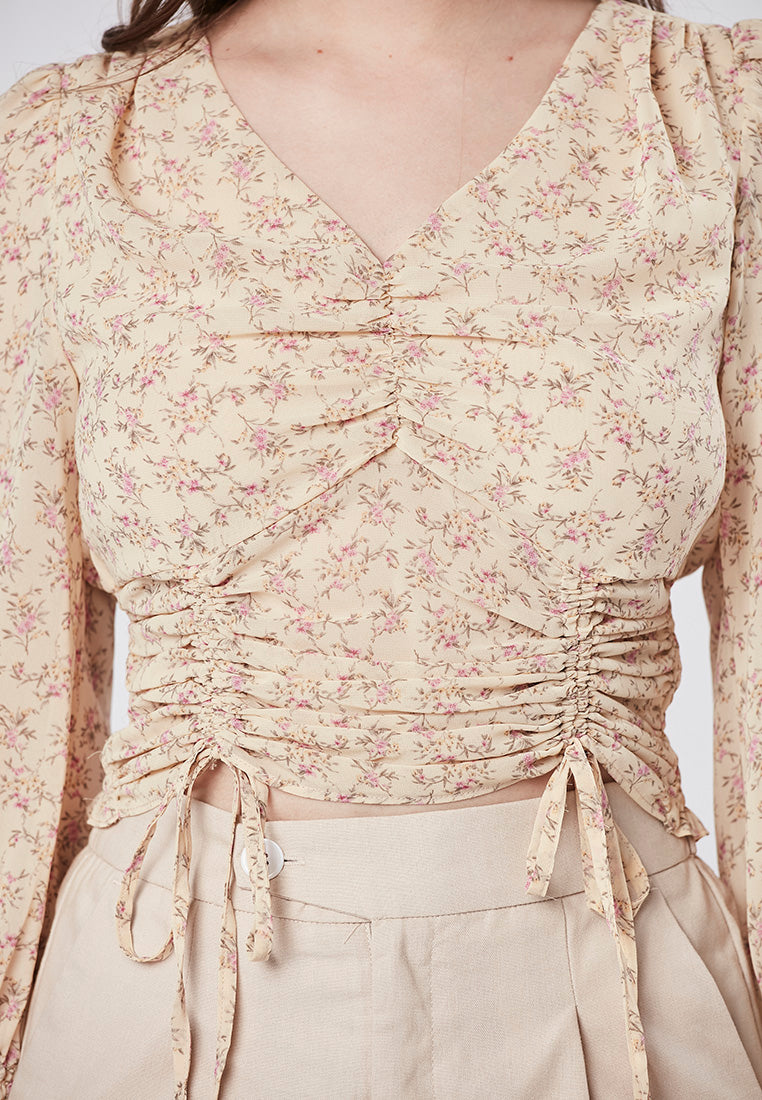 ANABELLE - Drawstring Ruched Floral Crop Top