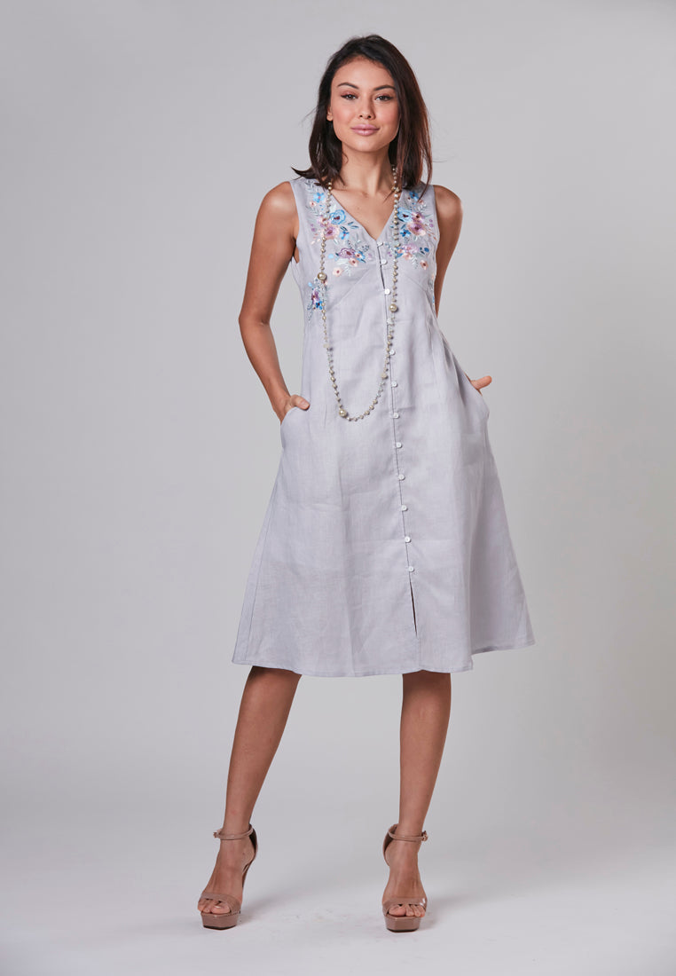 RYLEE - Dress V Neckline Linen with Embroidery