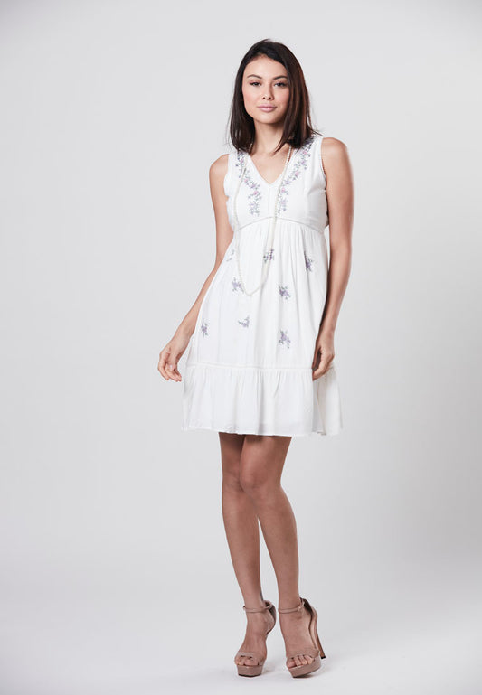 MARY - Short Rayon Dress V Neck with Embroidery