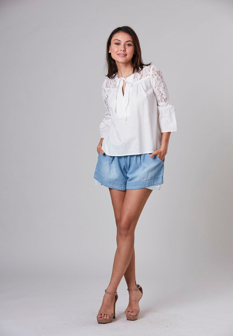 ARYA - Linen Blouse Long Sleeve with Lace Detail