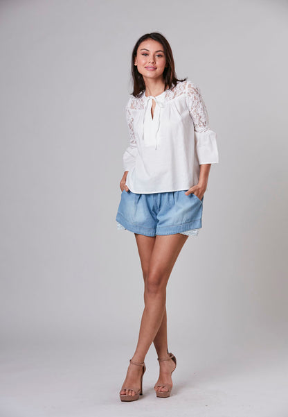 ARYA - Linen Blouse Long Sleeve with Lace Detail