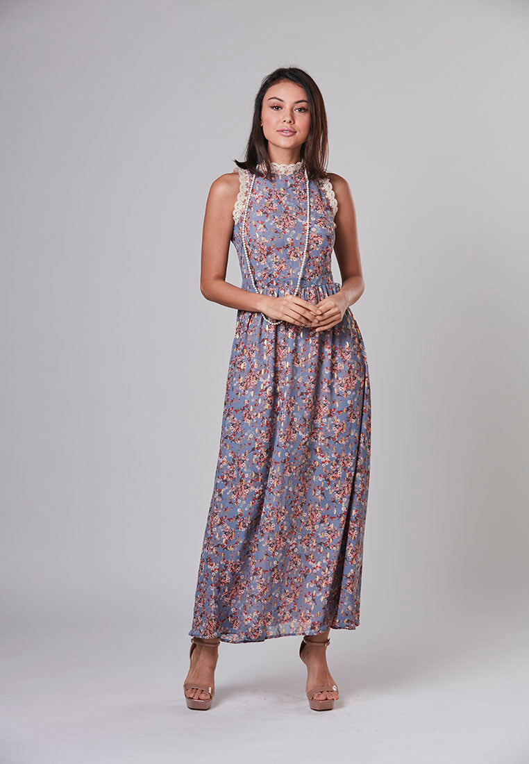 MARIA - Maxi Dress Viscose Floral with Gold Leaf and Laces