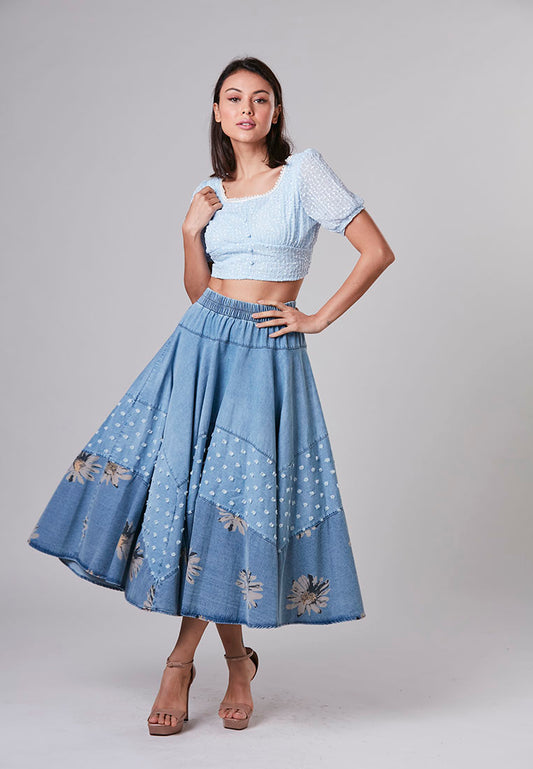 REAGAN - Midi Denim Skirt in textured fabric and Embroidered