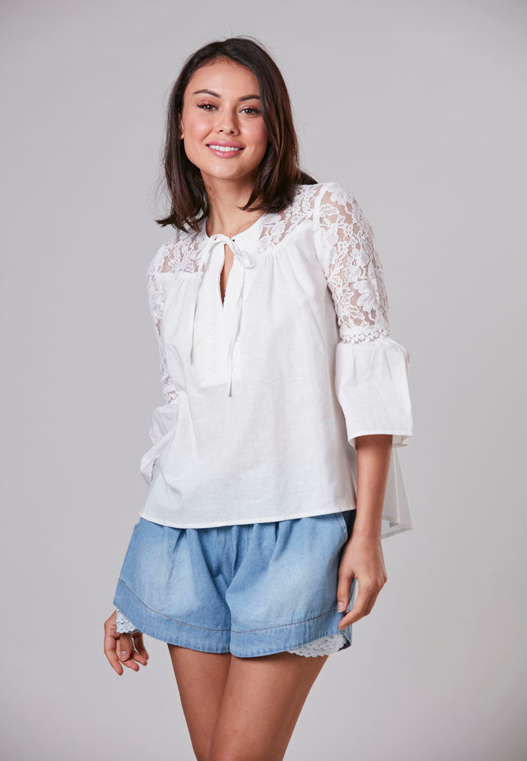 ARYA - Linen Blouse Long Sleeve with Lace Detail