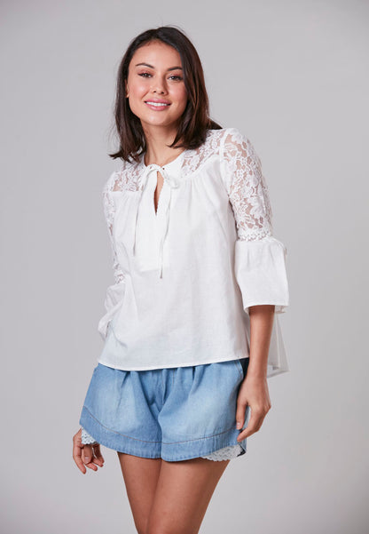ARYA - Linen Blouse Long Sleeve with Lace Detail