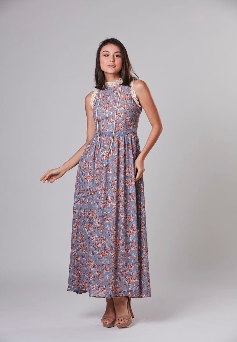 MARIA - Maxi Dress Viscose Floral with Gold Leaf and Laces