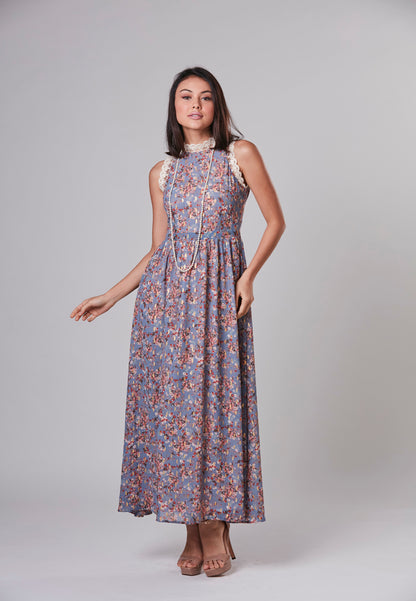 MARIA - Maxi Dress Viscose Floral with Gold Leaf and Laces