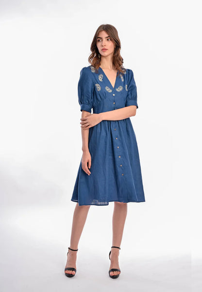 East India Company - Geeta Embroidered Short Sleeve Midi Dress