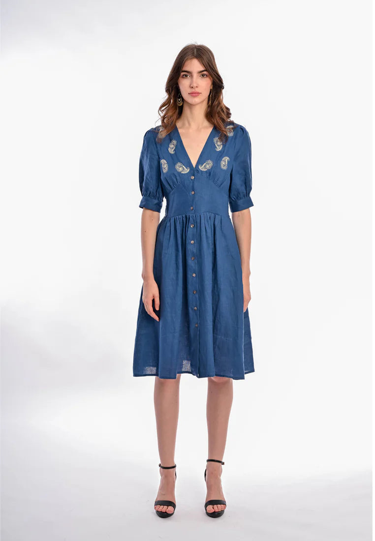 East India Company - Geeta Embroidered Short Sleeve Midi Dress