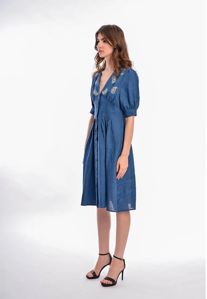 East India Company - Geeta Embroidered Short Sleeve Midi Dress